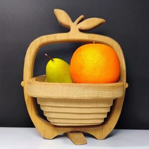 Vtg Basket Apple Shaped Tan Wooden Cut Collapsible Accent Fruit Holder Handmade